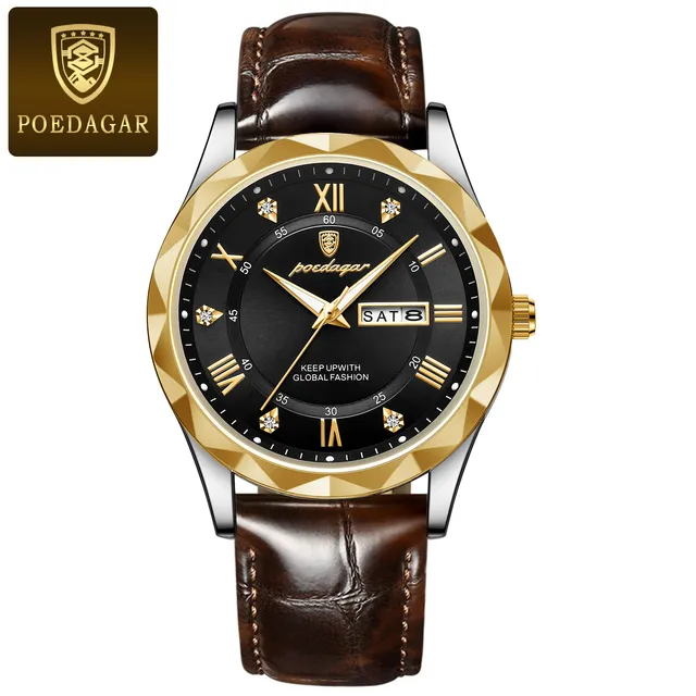 Poedagar 615 Silver Dial Black Leather Brown Gents Analog Wrist Watch For Men's